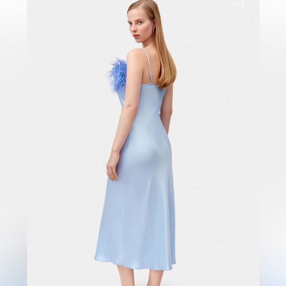 NWT SLEEPER Boheme Feather-trimmed Midi Slip Dress in Ecovero Blue M - Picture 3 of 11